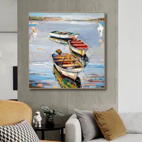 Hand Painted Oil Painting Canoe oil Paintings Nordic Seascape-Hand-Painted- Colorful Boats Oil Painting-Wall Art Handmade- For Home Decoration (Style: 1, size: 70x70cm)