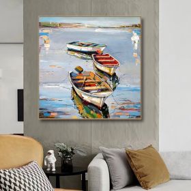 Hand Painted Oil Painting Canoe oil Paintings Nordic Seascape-Hand-Painted- Colorful Boats Oil Painting-Wall Art Handmade- For Home Decoration (Style: 1, size: 120x120cm)