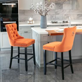 Furniture; Contemporary Velvet Upholstered Barstools with Button Tufted Decoration and Wooden Legs;  and Chrome Nailhead Trim;  Leisure Style Bar Chai (Color: Orange)