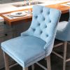 Furniture; Contemporary Velvet Upholstered Barstools with Button Tufted Decoration and Wooden Legs;  and Chrome Nailhead Trim;  Leisure Style Bar Chai